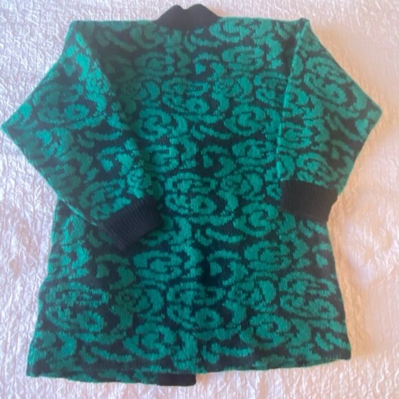 Vtg Green & Black Mohair Wool Blend Cardigan Sweater With Single Button Closure - Picture 2 of 9